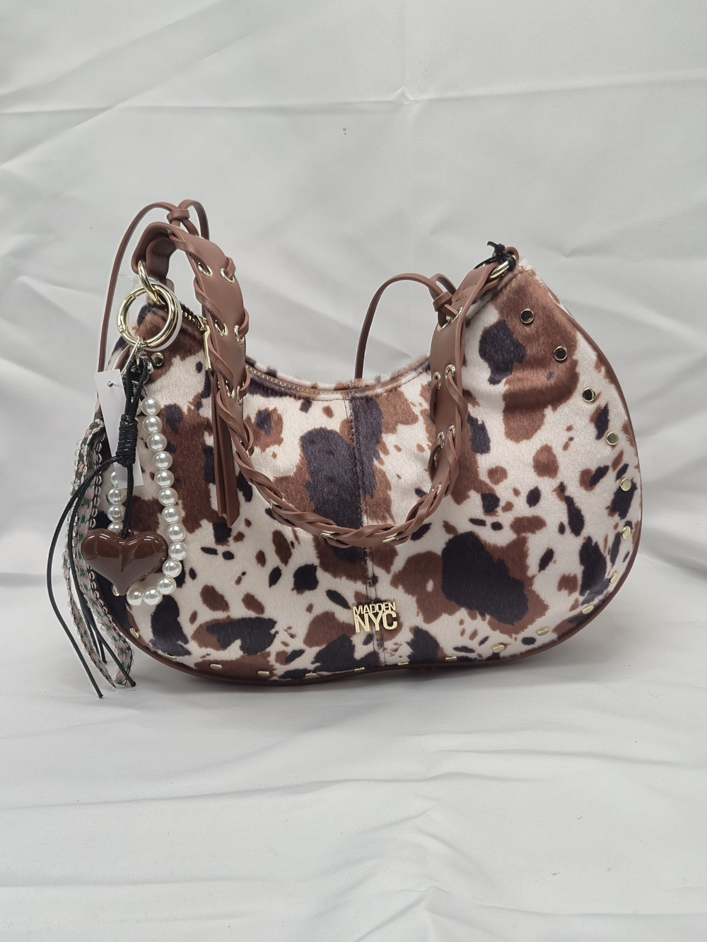 Brown & Cream Cow-Print Hobo Bag